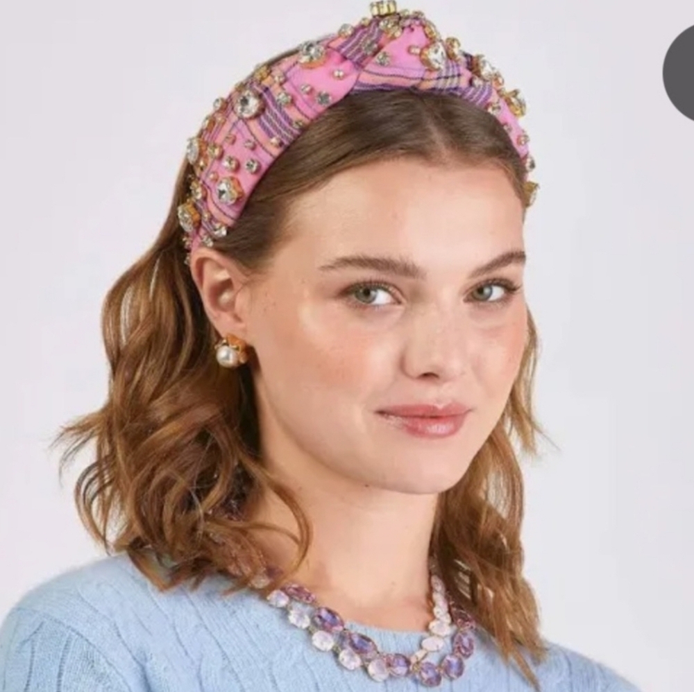 NWOT Lele Sadoughi × Roller Rabbit Crystal Bloom Knotted Pink Plaid Headband